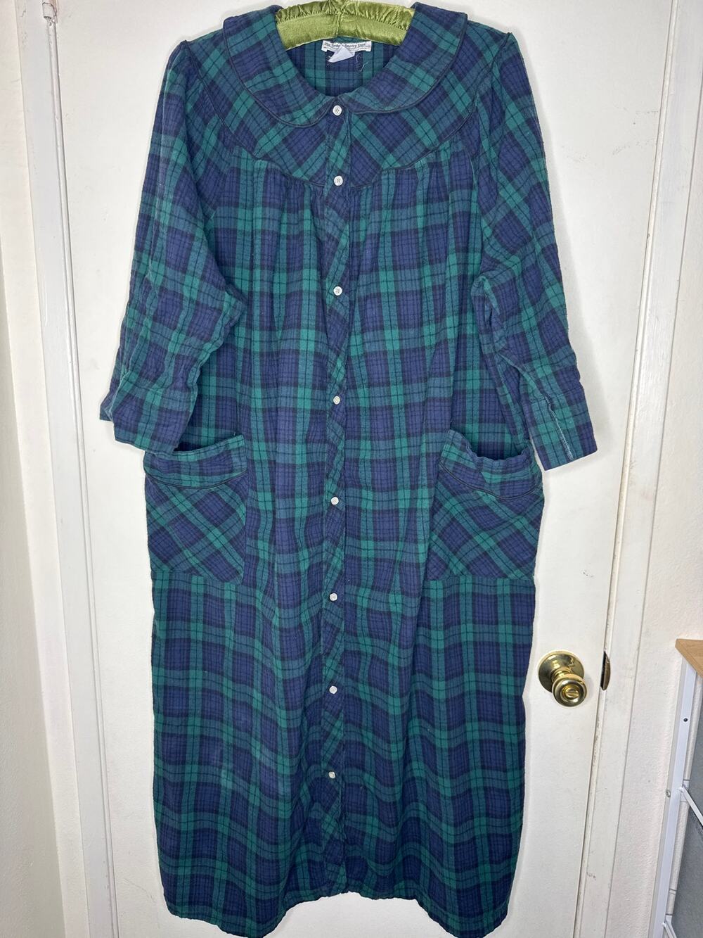VTG Vermont Country Store Black Watch Plaid Flannel Lounger Housecoat Pockets